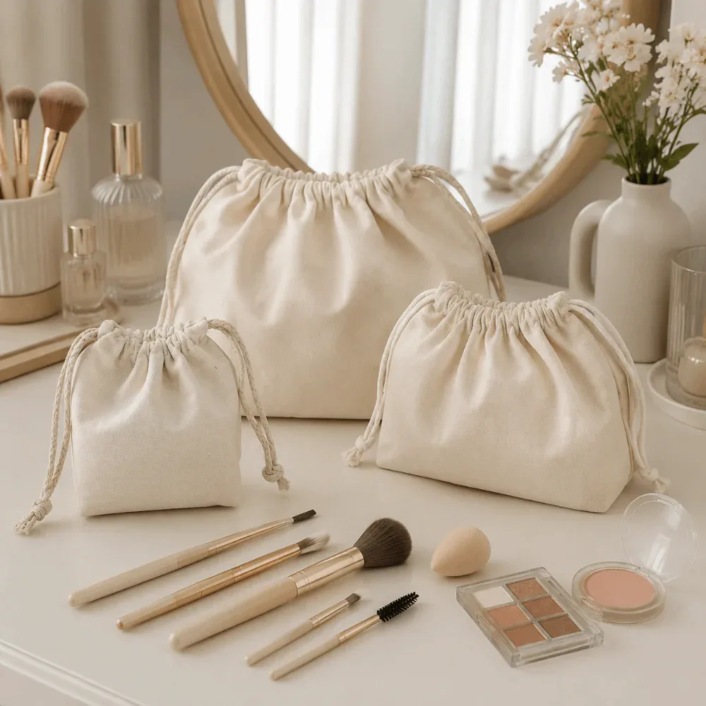 sacs cosmétiques portables en toile avec cordon de serrage, sacs de toilette souples réutilisables, sacs organisateurs de bijoux, cadeaux