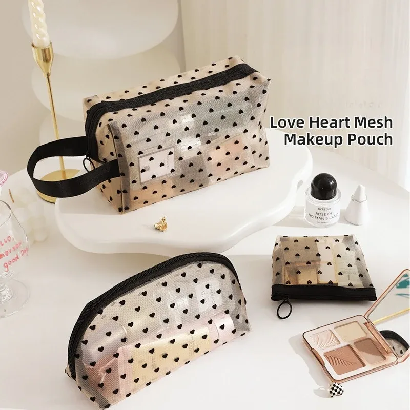 pochette de maquillage en forme de cœur en maille transparente, sac cosmétique multifonctionnel portable, pochette de rangement pour articles de toilette, sacs de voyage à fermeture éclair pour rouges à lèvres