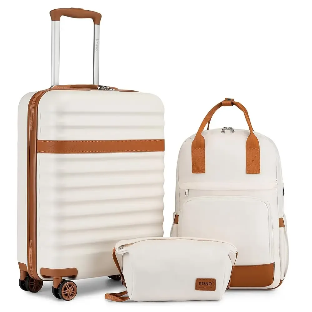 ensemble de étuis rigides kono – étui robuste en abs + pc avec 4 rouleaux de verrouillage tsa, inclus. sac à dos de voyage et trousse de toilette 3 pièces