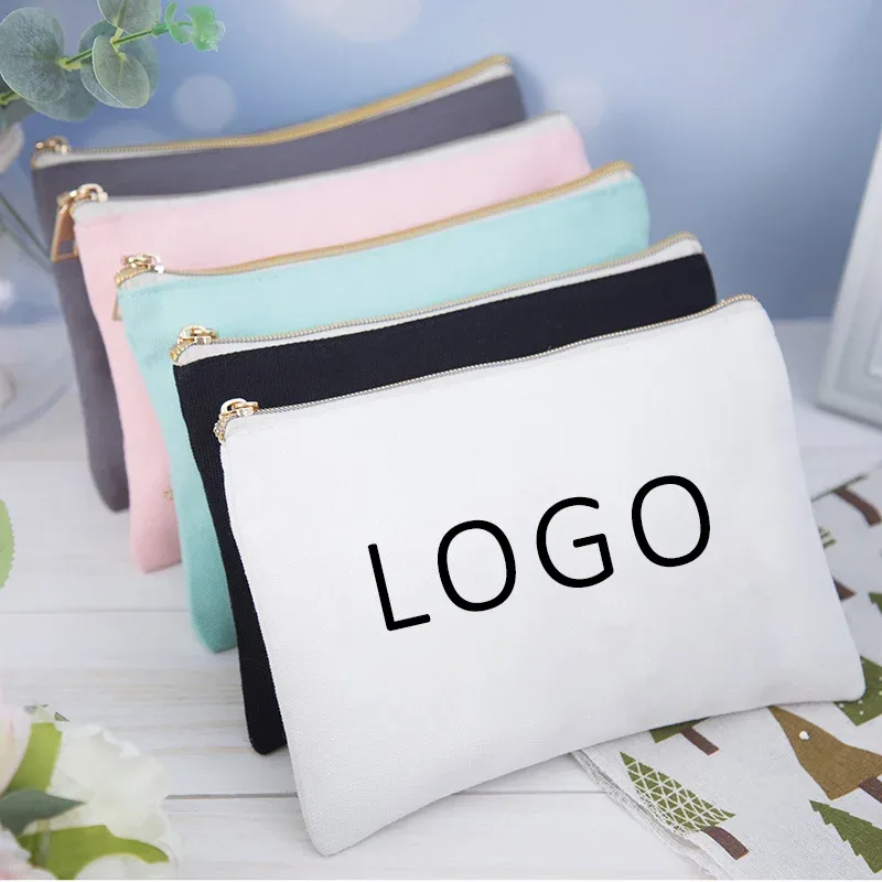trousse toilette tissu coton blanc logo imprimé format rectangulaire fermeture éclair usage voyage maquillage cosmétiques