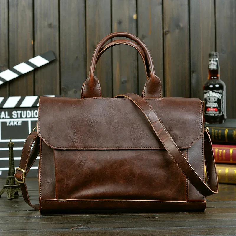 gumst – serviette rétro en cuir de cheval fou pour hommes, sacoches d'affaires, sac à main pour ordinateur portable, pochette d'ordinateur