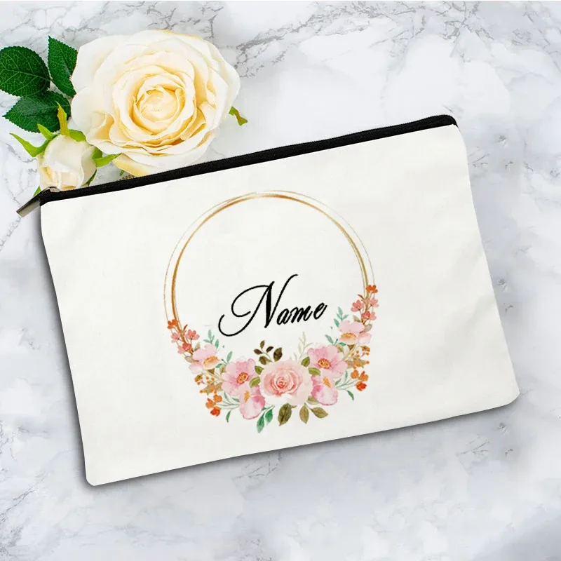 pochette zippée à motif floral pour femme, sac de voyage, organisateur en toile, trousse de maquillage, cadeau pour enseignant avec nom personnalisé lady f