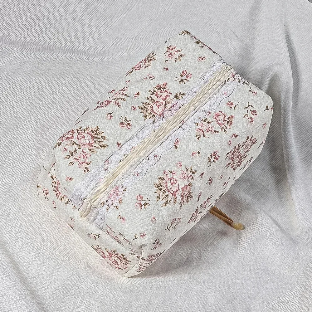 pochette cosmétique en dentelle de coton à nœud papillon floral, pochette de rangement portable pour rouge à lèvres, fermeture éclair, pour femmes, trousse de toilette de voyage