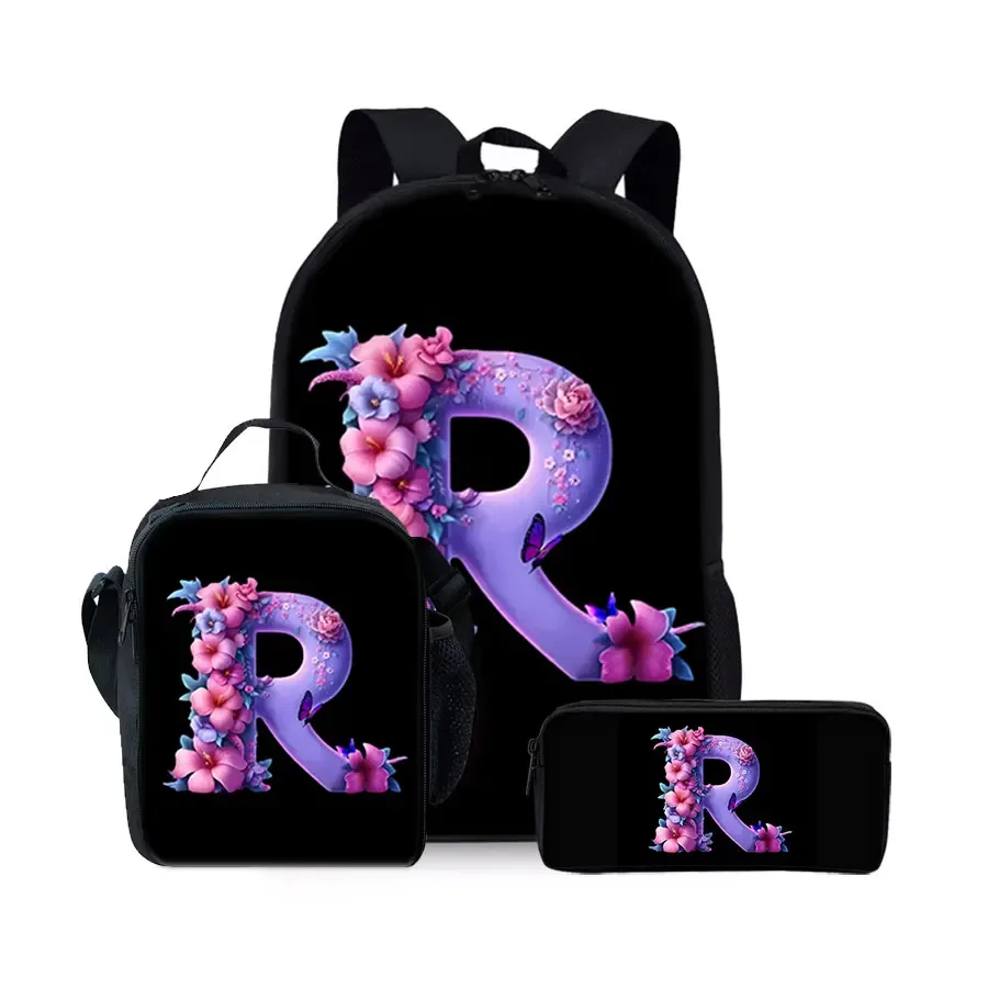 nouvel ensemble de sacs à dos trois pièces à motif alphabet anglais pour garçons et filles – meilleurs cadeaux – sac à dos scolaire plat 2d dessin animé pour enfants