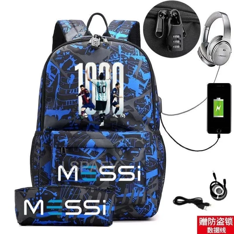 sac à dos messi tendance (lot de 2) – anti-vol, unisexe, simple, pour ordinateur portable, avec port usb, grande capacité, idéal pour les voyages, l'école, les garçons et les filles