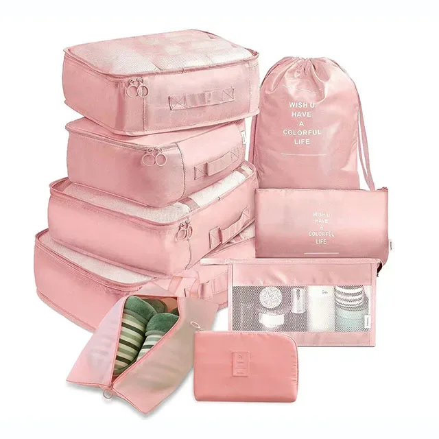 organisateur voyage polyester beige clair tissu imperméable poches maille transparente fermetures glissière poignées intégrées grande taille
