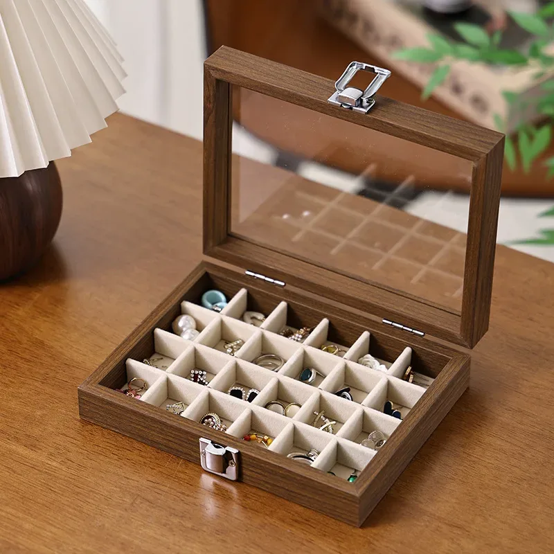 boîte à bijoux motif noyer avec couvercle, étui de rangement pour bagues, boucles d'oreilles, bracelets, chaînes, plateau de présentation en bois dur de style décontracté