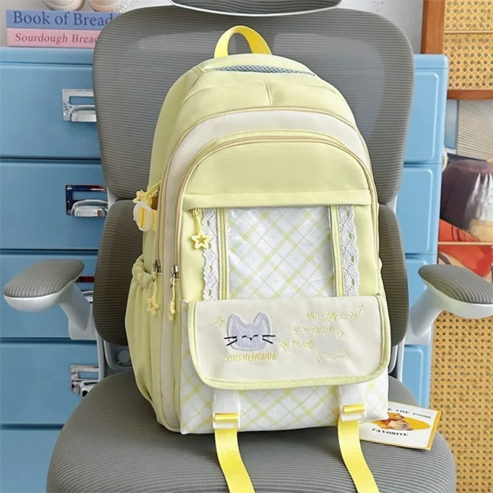 sac à dos en nylon ajouré color-block, grande capacité, mignon, style preppy, transparent, à motif chat et écossais, pour l'école et le shopping