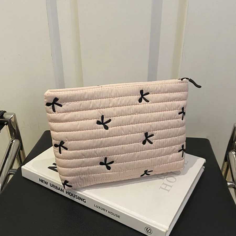 trousse de maquillage mignonne avec fermeture éclair, sac à cosmétiques de grande capacité, sac de rangement de lavage avec nœud brodé