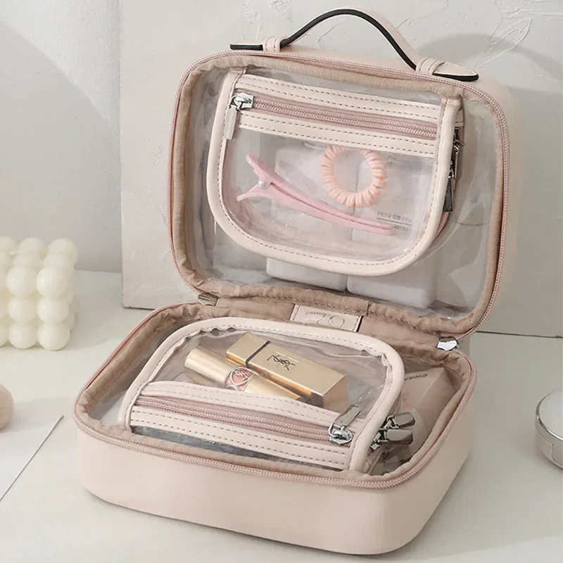 trousse de maquillage transparente en pu imperméable pour femme, sacs de lavage, décontracté, portable, voyage, soins de la peau, stockage, évaluation, maquillage, trousse de toilette
