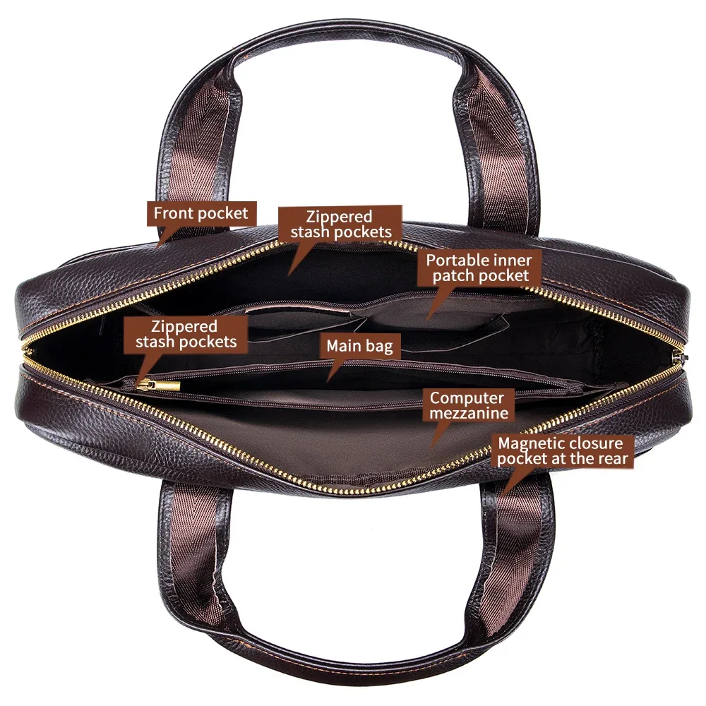 sac à main en cuir pour hommes, porte-documents en peau de vache avec couche supérieure, sac pour ordinateur portable en cuir, sac de bureau croisé diagonale