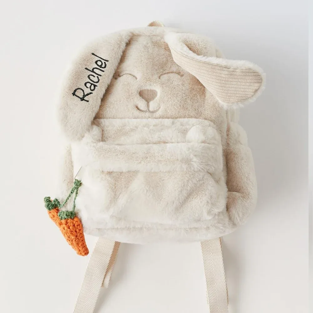 sac à dos en peluche beige personnalisé pour femme et enfant, carotte mignonne, lapin face ear, sac cadeau brodé avec nom