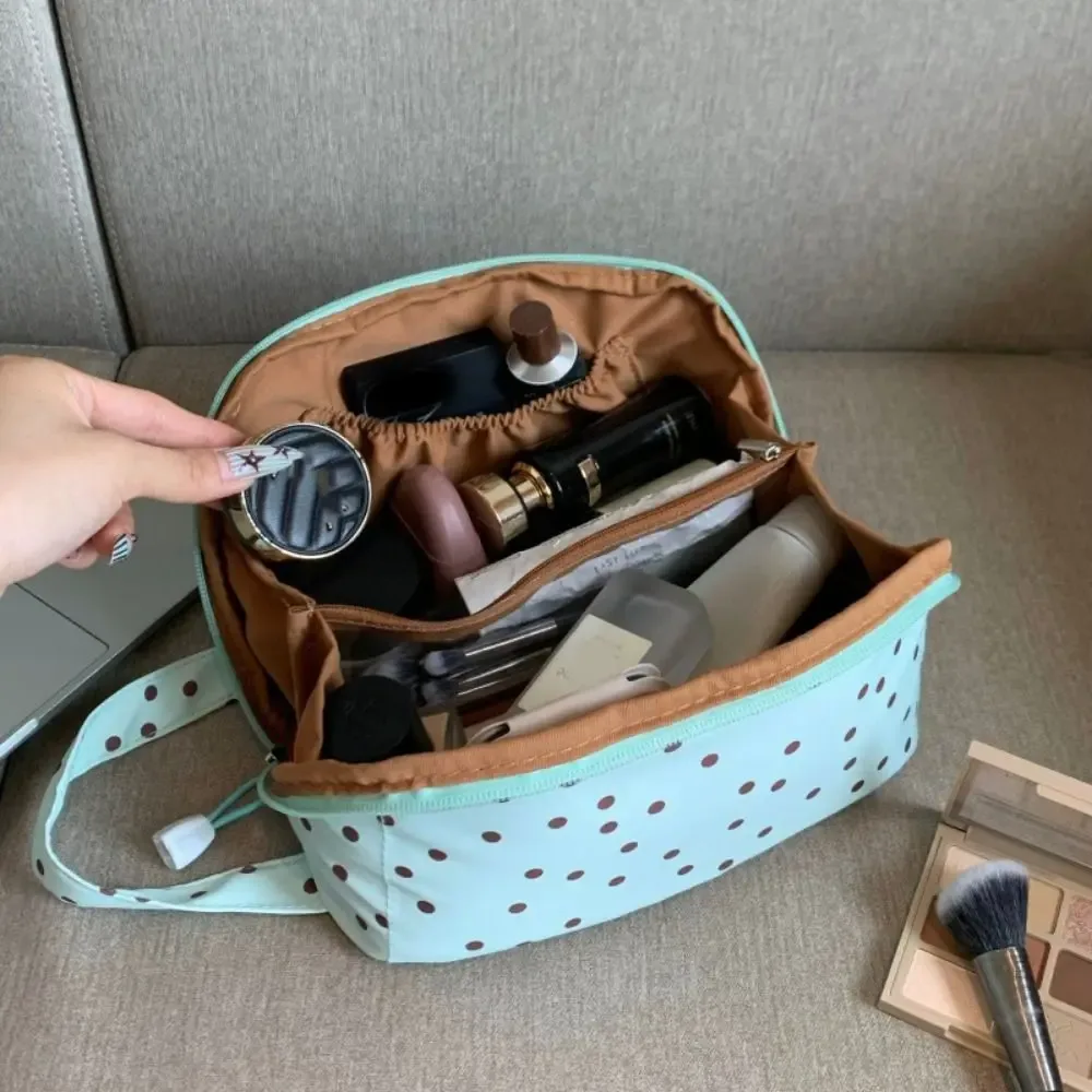 trousse de maquillage portable à pois, sac cosmétique brodé avec nœud, pochette de rangement, trousse de toilette à pois pour voyage