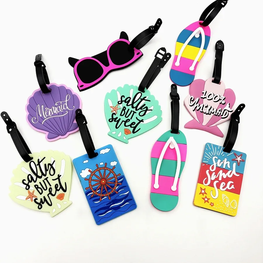 étiquette bagage pvc motifs marins coquillages lunettes soleil sandales citations salty sweet sirène voyage vacances identité bagage