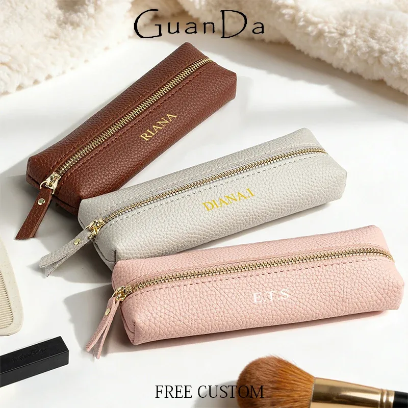trousse de toilette de voyage de luxe en cuir pu avec gravure personnalisée, petite trousse de maquillage tendance à fermeture éclair, pochette à stylos professionnelle, sacs de rangement polyvalents
