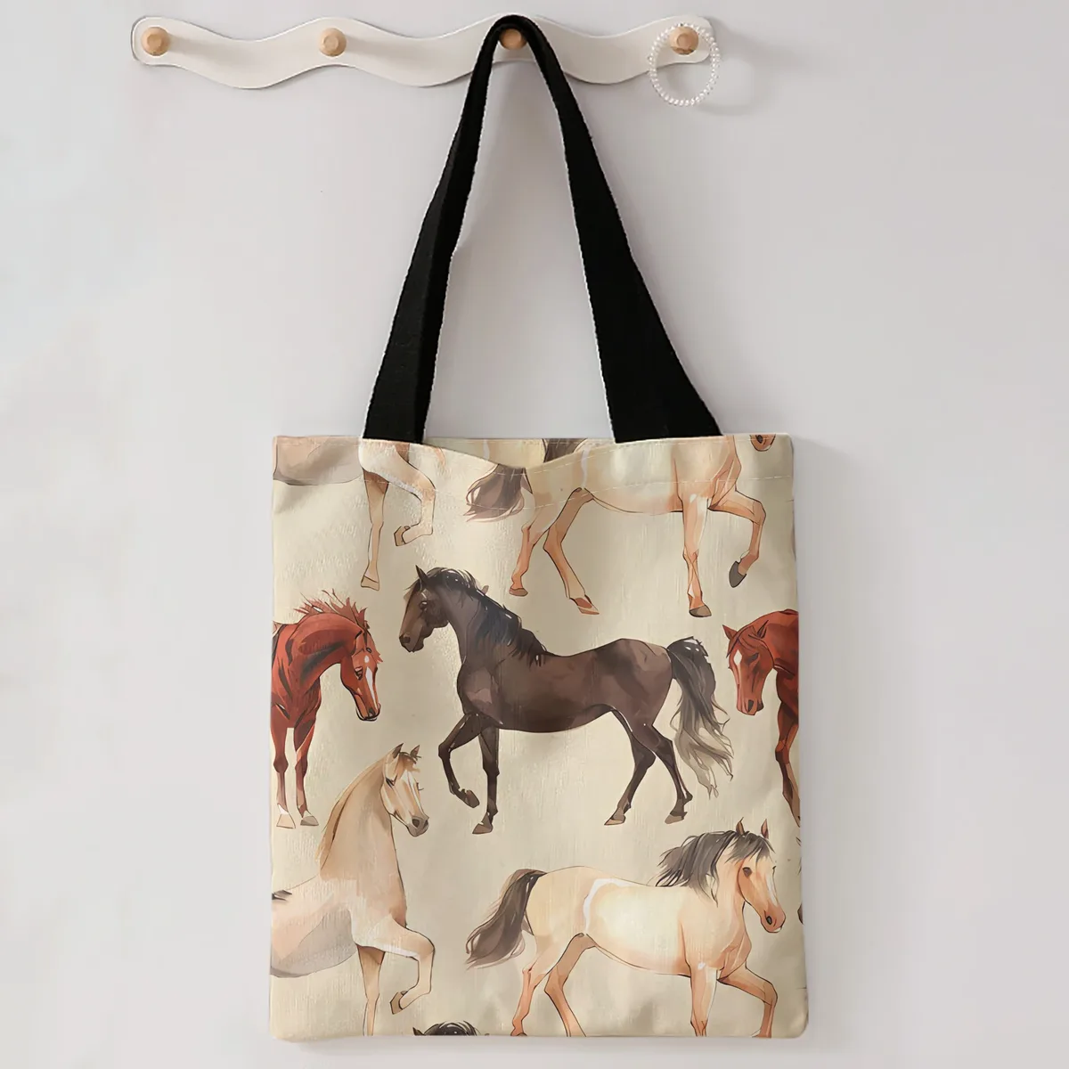 sac fourre-tout avec imprimé de troupe de chevaux multicolores en aquarelle, sac à bandoulière de grande capacité pour le shopping, les voyages et l'usage quotidien