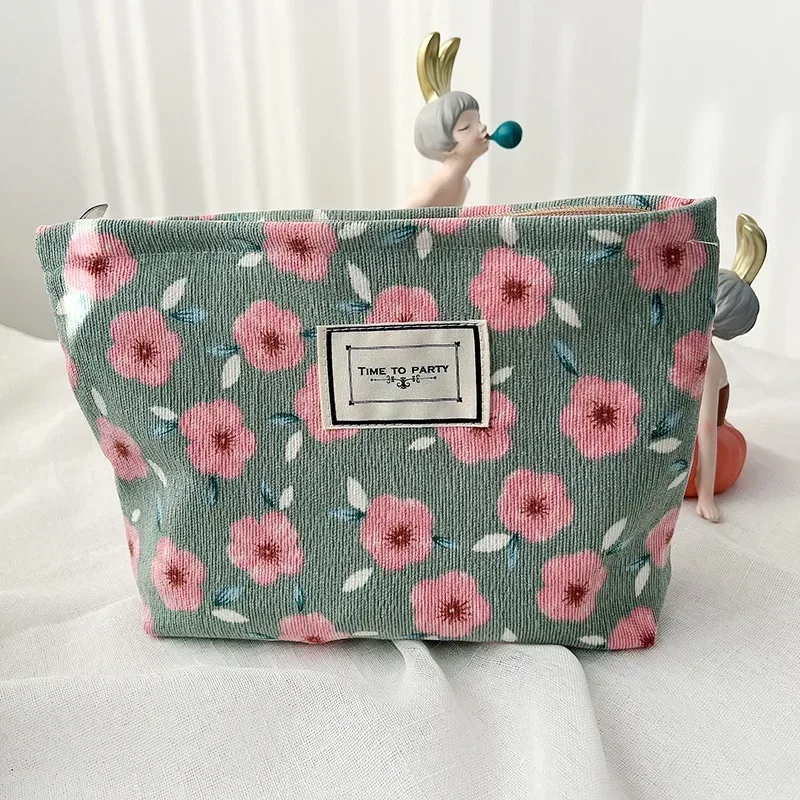 trousse de maquillage en velours côtelé pour femme, trousse cosmétique à imprimé floral rétro, étuis de rangement de beauté, poudres de maquillage de voyage