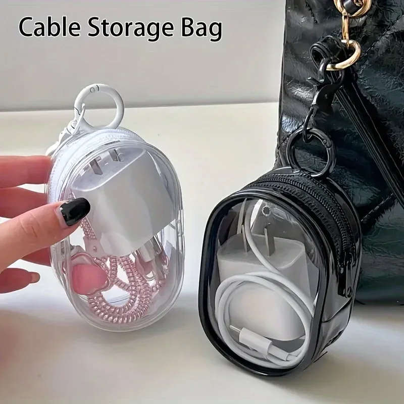 sac de rangement portable mini transparent avec fermeture éclair et boucle porte-clés, organisateur peu encombrant pour écouteurs, chargeurs et petits articles quotidiens