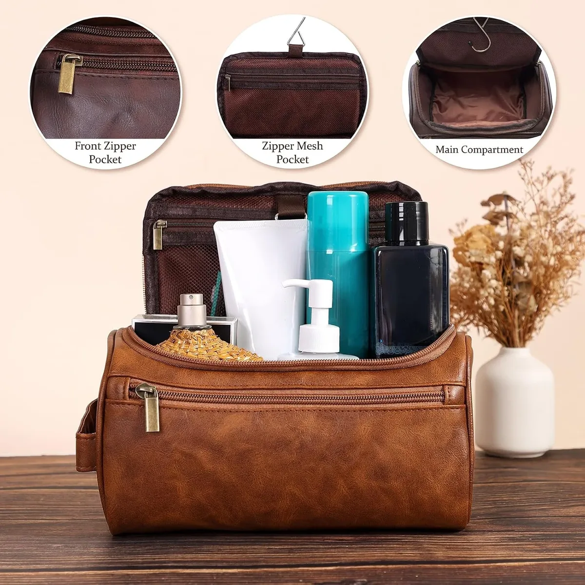 trousse de toilette pour hommes, trousse de voyage suspendue pour rasage, sacs organisateurs de produits de toilette résistants à l'eau, sacs cosmétiques en cuir pu