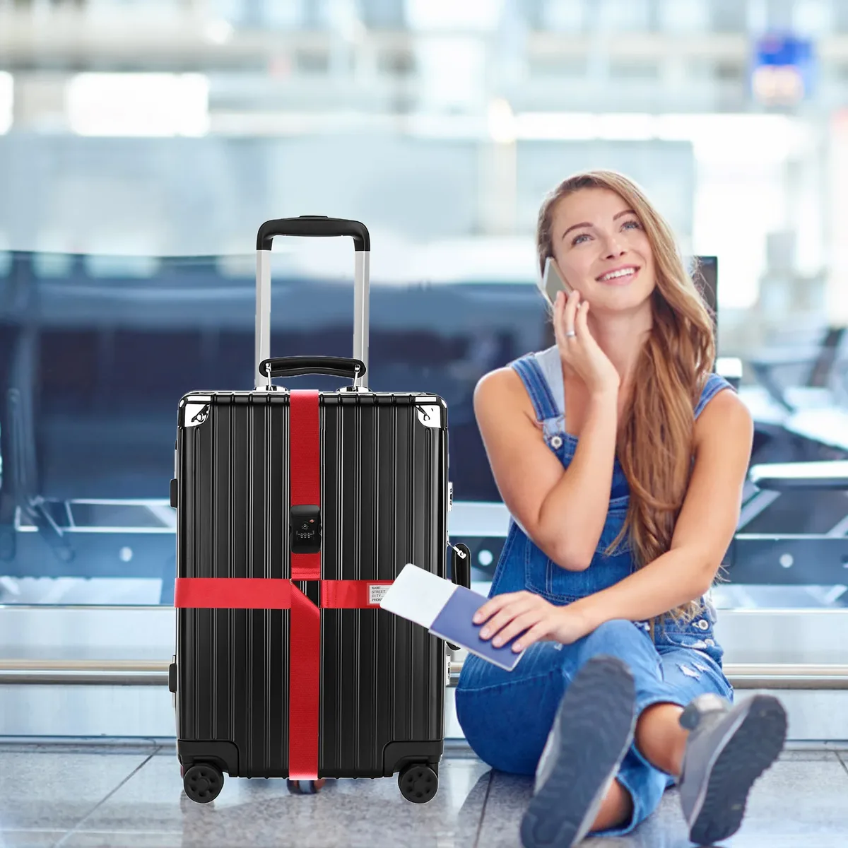 sangle de bagage croisée tsa, serrure douanière, ceinture de valise à longueur réglable avec étiquette d'identification transparente, ceinture de voyage durable pour bagages