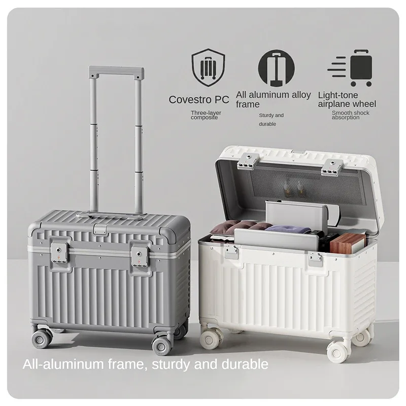 valise cabine en aluminium de 18 pouces, bagage de voyage, valise à roulettes de 20 pouces avec serrure à code, coffret de maquillage, boîte de rangement.