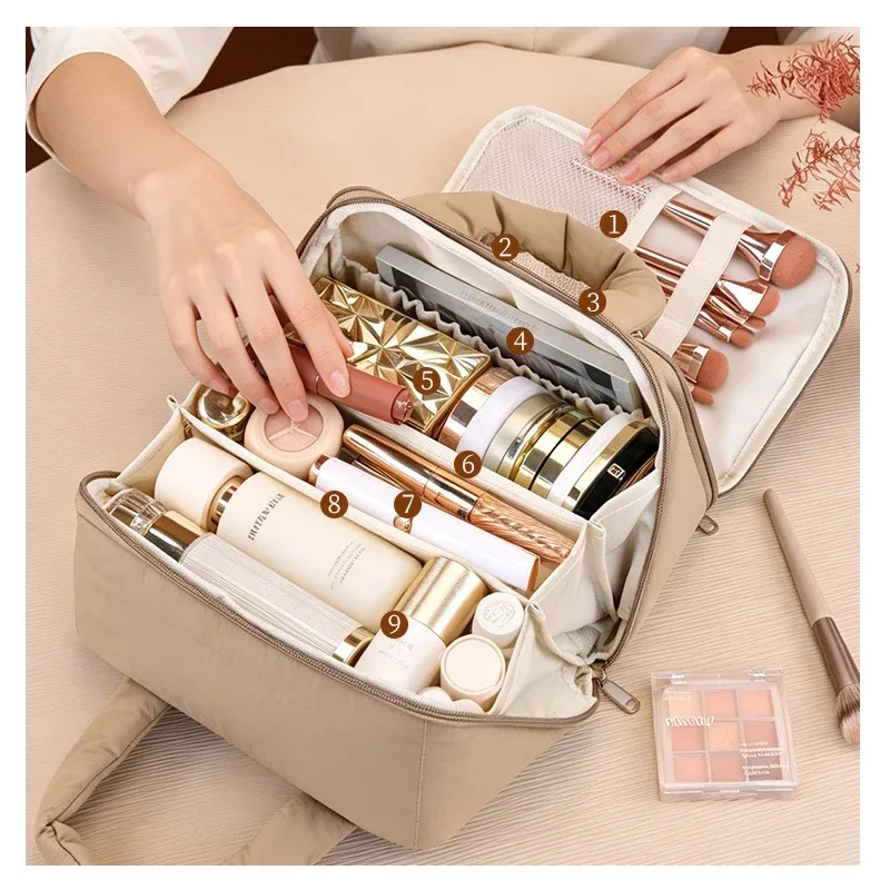 trousse de toilette avec séparateur et poignée, grande capacité, organisateur de maquillage à ouverture large, fermeture éclair, nouveau design, sac cosmétique de voyage mignon