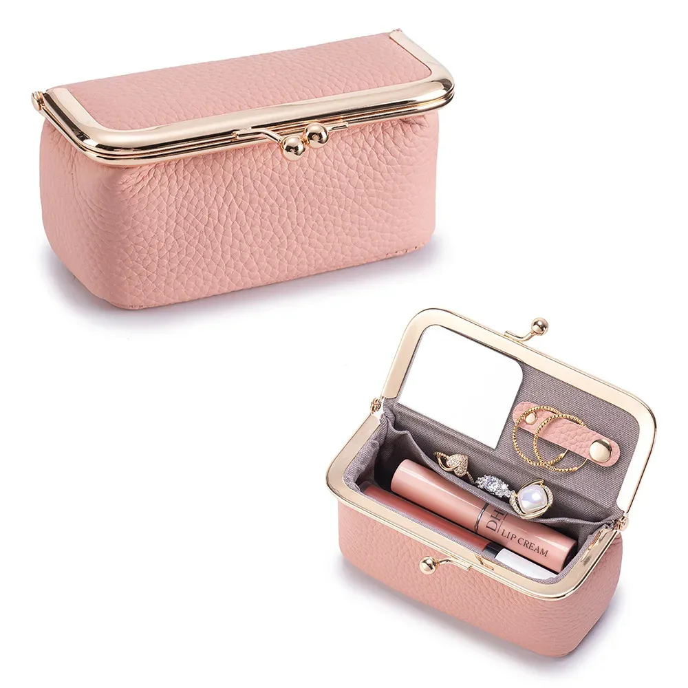 trousse de rangement portable en cuir pour femmes avec fermeture kiss-lock, miroir intégré, organiseur pour rouge à lèvres, bijoux, écouteurs, idéale pour les voyages
