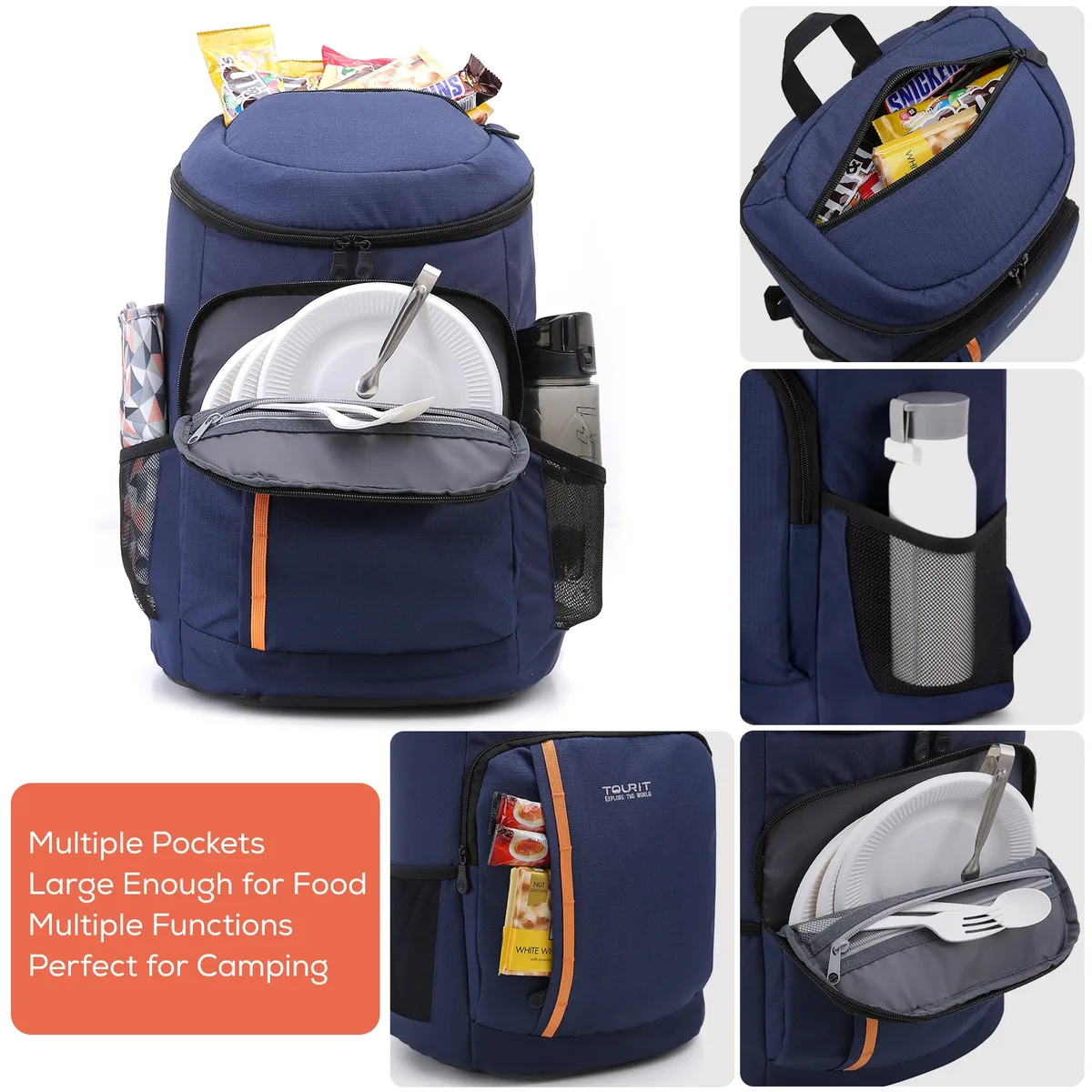 sac dos bleu marine nylon durables poches latérales zip grande ouverture motif diagonal orange bande voyage sport plage randonnée picnic