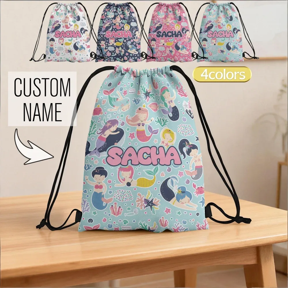 sac à dos à cordon de serrage personnalisé avec nom de créature marine sirène, sac de sport personnalisé 4 couleurs pour enfants, cadeau de fête d'anniversaire, de sport ou de plage