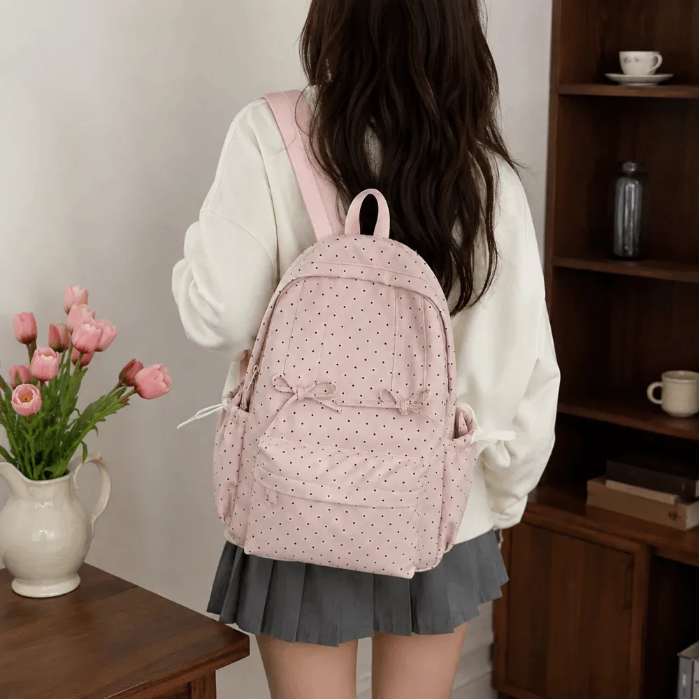 Sac à dos mignon à pois avec nœud, grande capacité, minimaliste, durable, léger, pour étudiants et trajets quotidiens