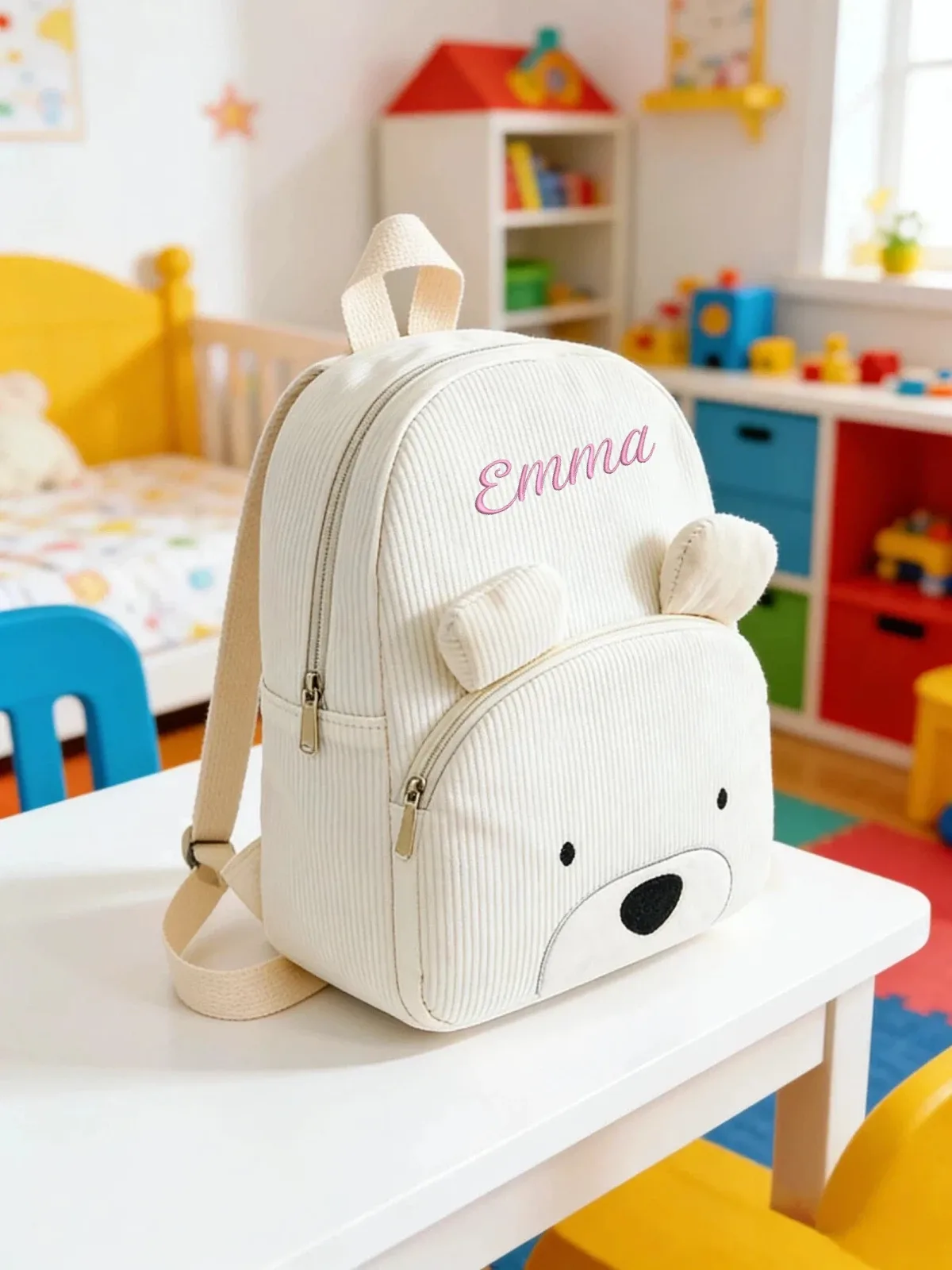 sac à dos de maternelle en velours côtelé, broderie mignonne, nom personnalisé, cartable pour filles et garçons, idéal pour l'école, les voyages quotidiens, cadeau adorable pour enfants.