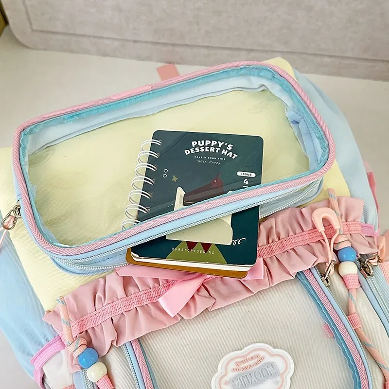 sac à dos coréen à nœud papillon, grande capacité, esthétique soignée, couleur transparente contrastante, pour l'école