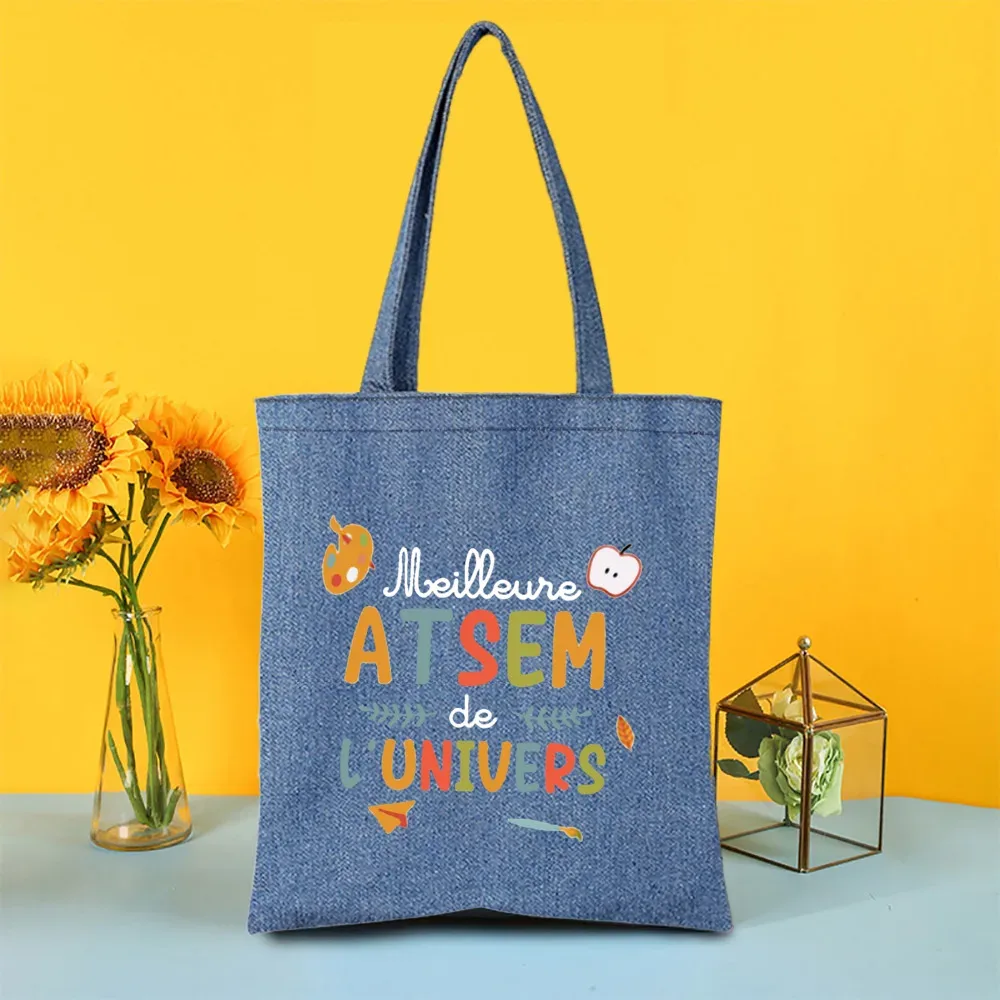 sac fourre-tout en jean imprimé super atsem maitresse, sacs de shopping pour femme, sacs de voyage, cadeau de remerciement pour la fête des enseignants et les diplômés