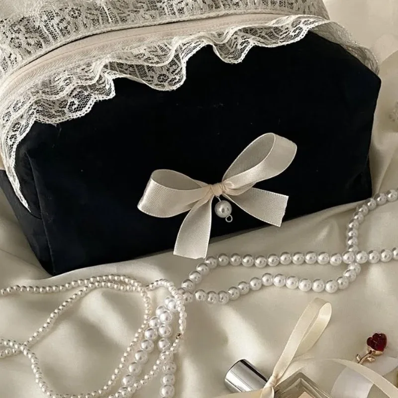trousse de maquillage noire en dentelle avec nœud pour femme, grande capacité, sac de toilette de voyage, organisateur cosmétique mignon coréen, pochette portable pour femme
