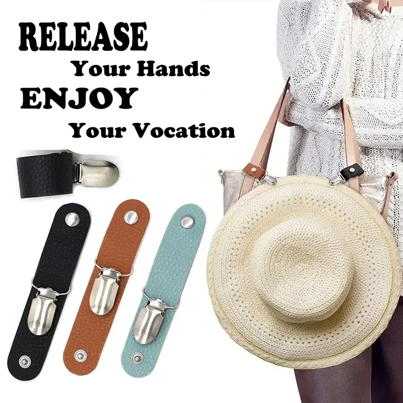 clip chapeau cuir pu noir marron bleu pastel voyage attachement accessoires plage activités extérieures fixation sacoche valise