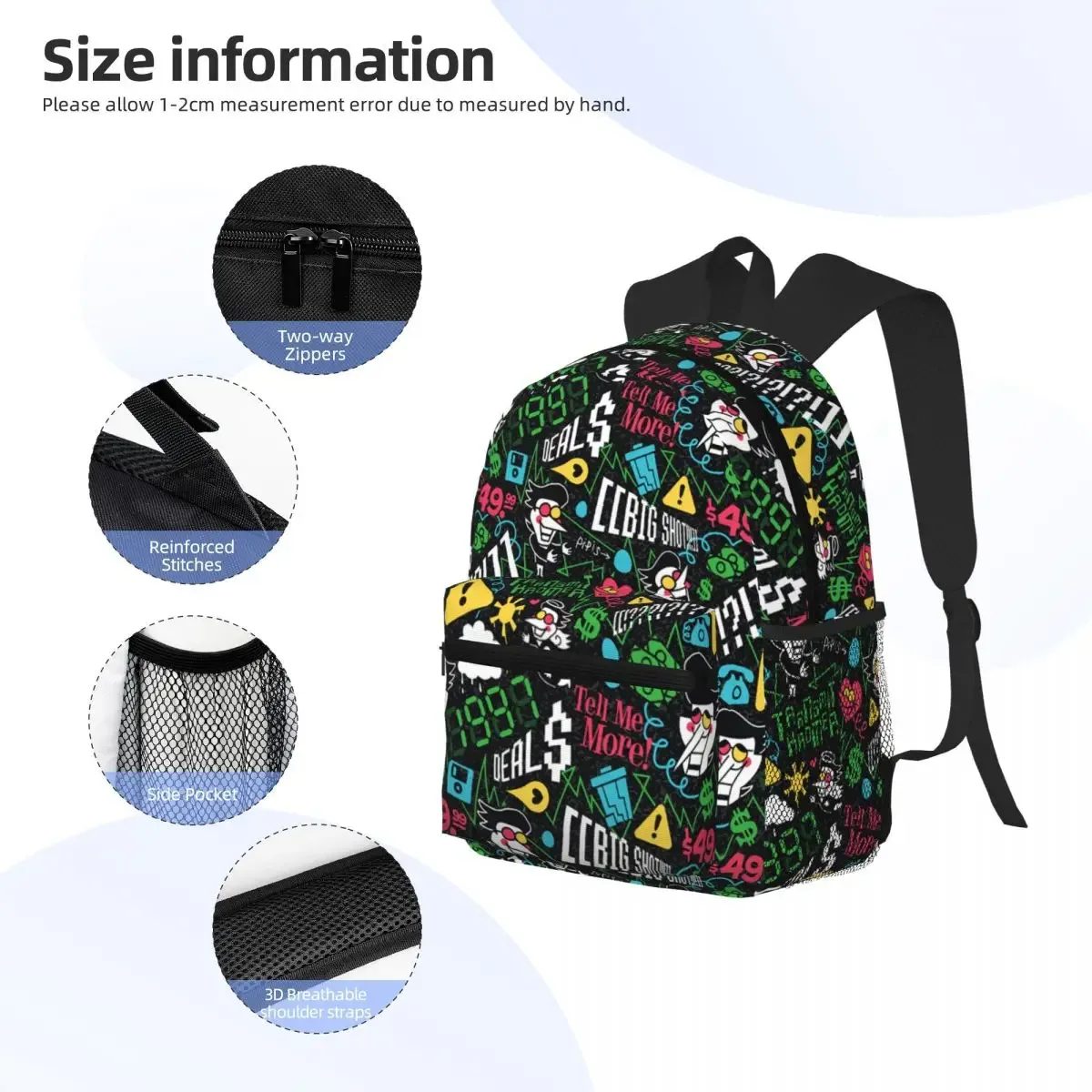 sac dos polyester dessin animé imprimé kaki forme rectangulaire poignées noires 20 35 litres usage étudiant scolaire voyage