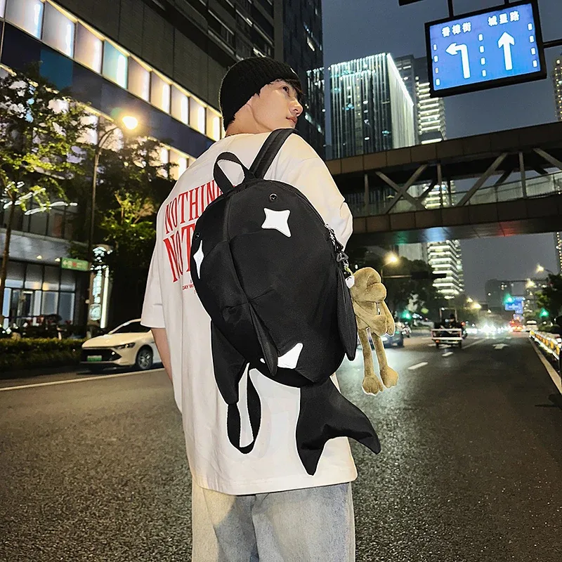y2k mignon baleine requin forme sacs à dos grand sac de voyage en nylon durable unisexe en plein air drôle dessin animé sac à dos étudiant cartable