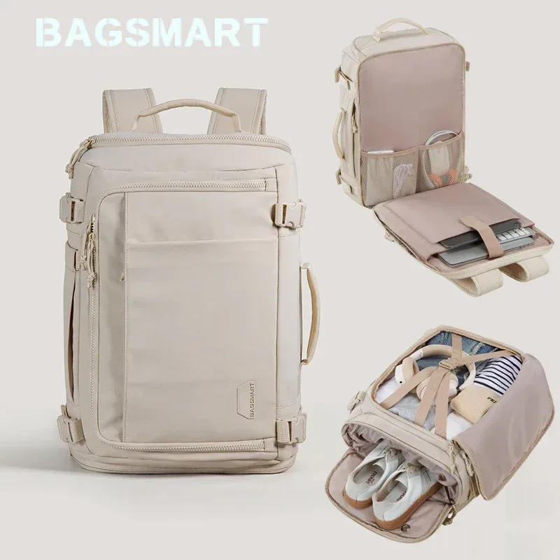 Sac Dos PVC Beige Clair Poches Multiples Compression Souple Usage Voyage Sport Ecole Shopping Antivol Étanche
