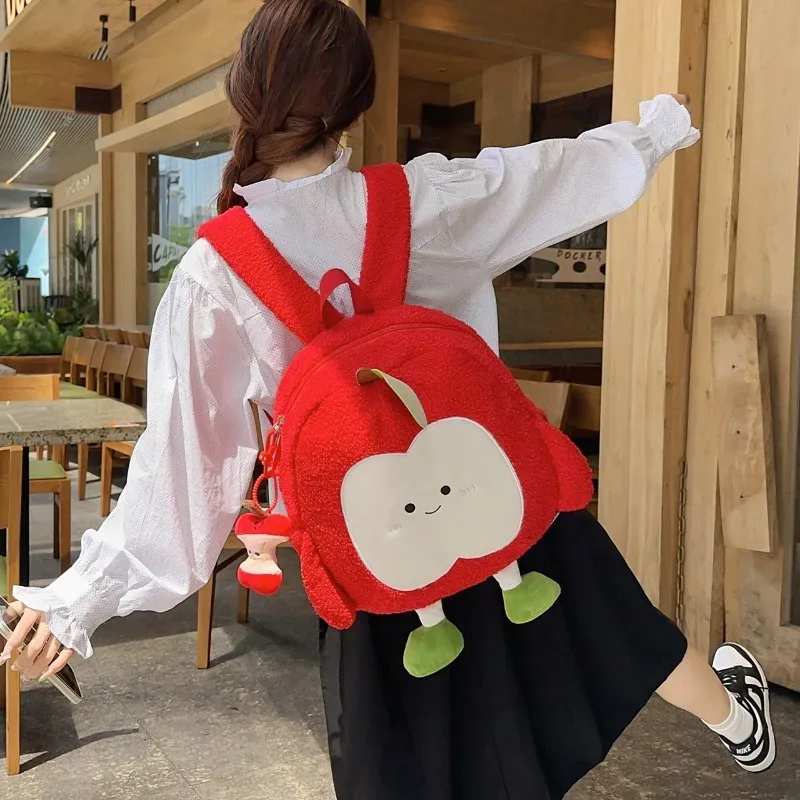 sacs à dos en flanelle en forme de pomme, grande capacité, sac de transport pour étudiants, sacs à la mode pour femmes, sac à bandoulière mignon à la mode, 2025