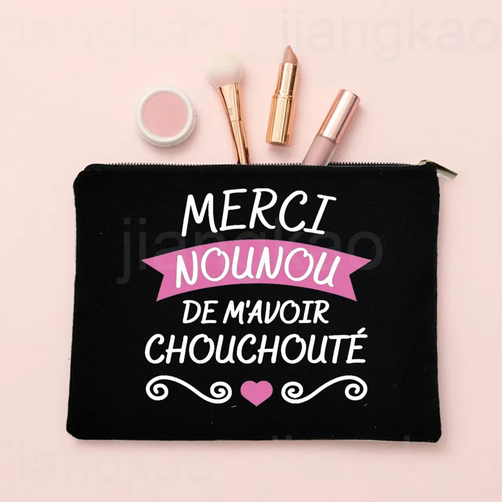 j'aime ma nounou, trousse de maquillage imprimée française, pochette de rangement de toilette de voyage, trousse à cosmétiques pour femmes, sacs à fermeture éclair, cadeau de remerciement pour nounou