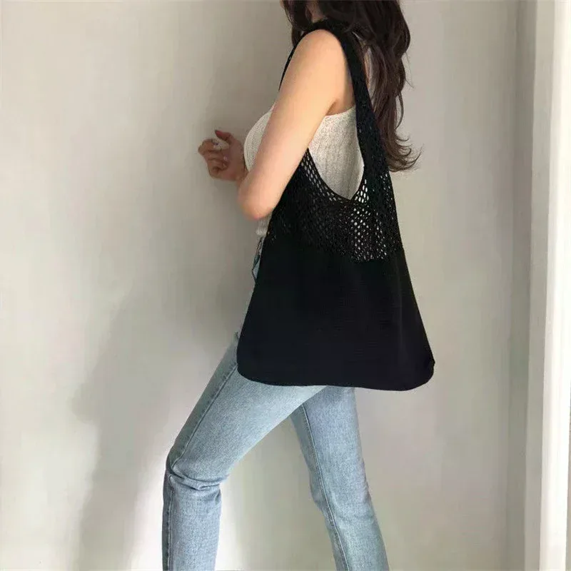 sac de rangement portable en fil tricoté style rétro, grande capacité, sac à bandoulière décontracté, sac de shopping, sac fourre-tout pratique, sac à main