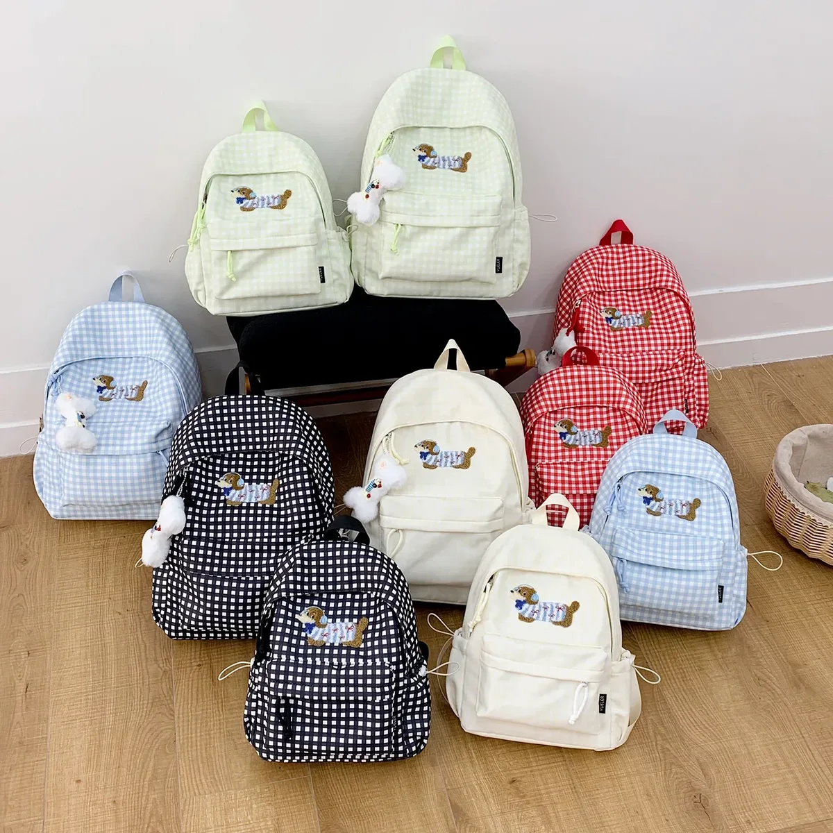 sac à dos grande capacité pour femme, style universitaire, motif chien saucisse de dessin animé coréen, sac à livres polyvalent à carreaux, loisirs et voyage