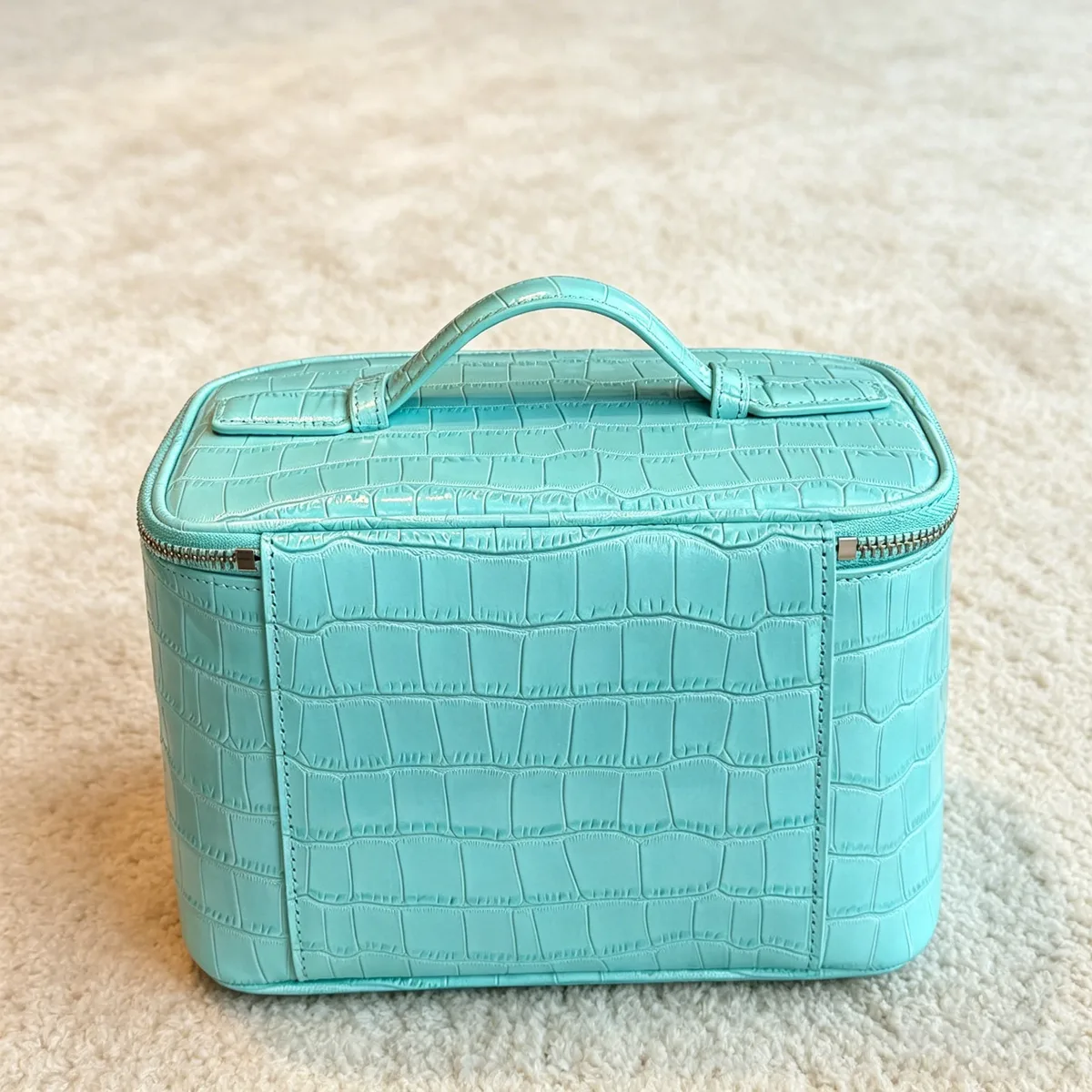 pochette de maquillage en cuir de vachette bleu à motif crocodile, nouvelle pochette de toilette de luxe en cuir véritable, grande capacité, pour voyage, rangement de cosmétiques