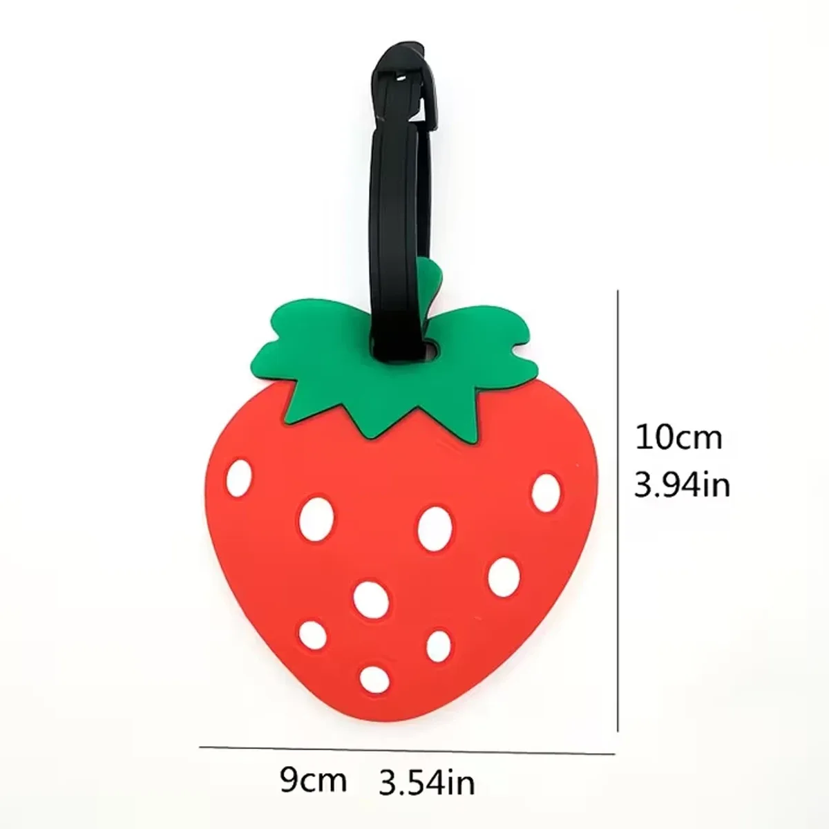 étiquette bagage pvc forme fraise rouge feuillage vert poignée noire forme pastèque graines noires voyage identification