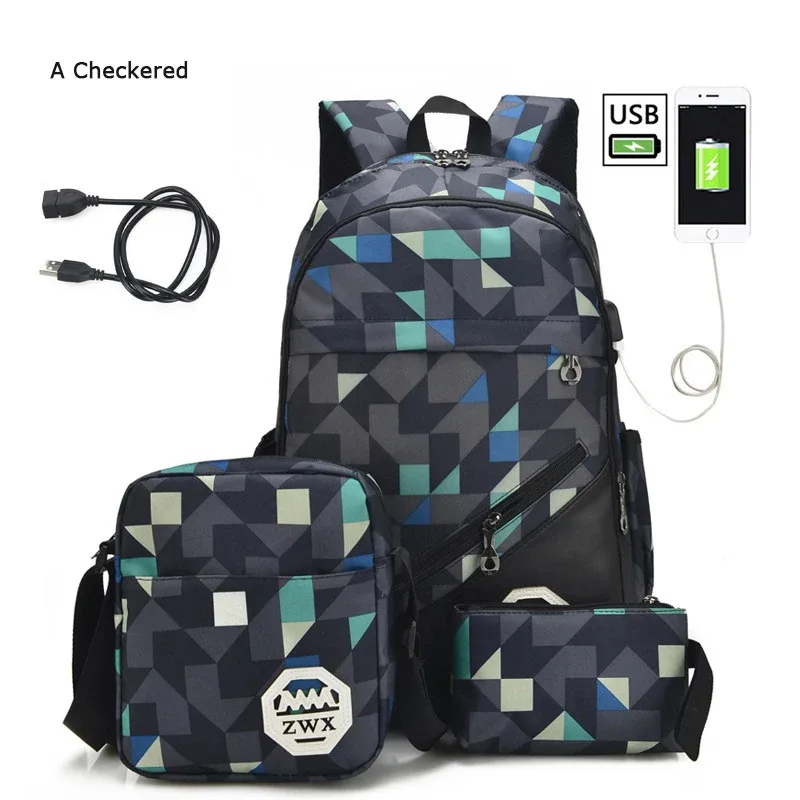sac à dos usb 3 pièces/ensemble pour homme et femme, accessoire de voyage et d'école pour lycéen