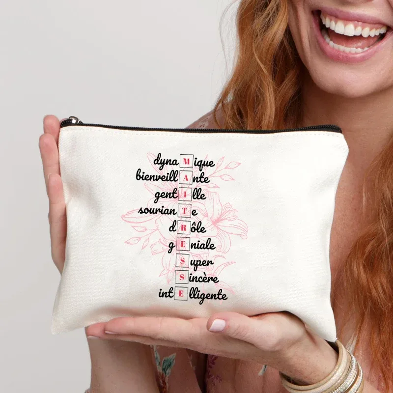 trousse de maquillage pour femmes, thème enseignant, étui à cosmétiques inspiré de maitresse avec motif éducatif de conception de style français, portefeuille pour le travail ou l'école