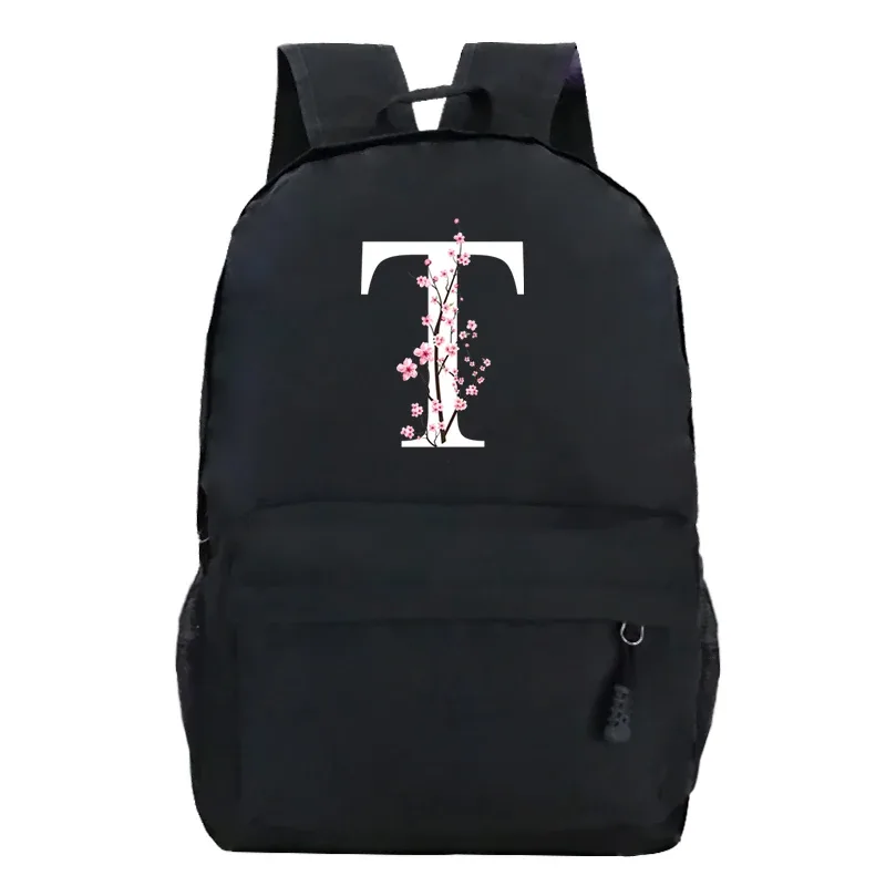 sacs à dos d'école pour jeunes sakura fleur a-z alphabet grande capacité toile harajuku mode fermeture éclair esthétique épaules sacs noirs