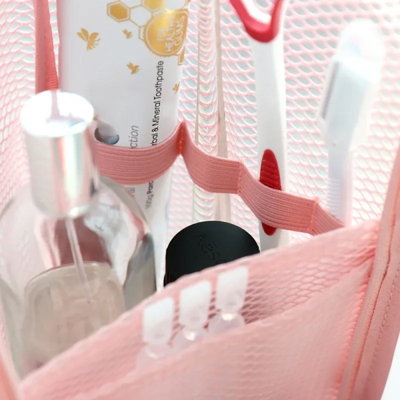 trousse de toilette portable en maille, organisateur de voyage suspendu léger et pliable transparent pour brosse à dents et articles de voyage