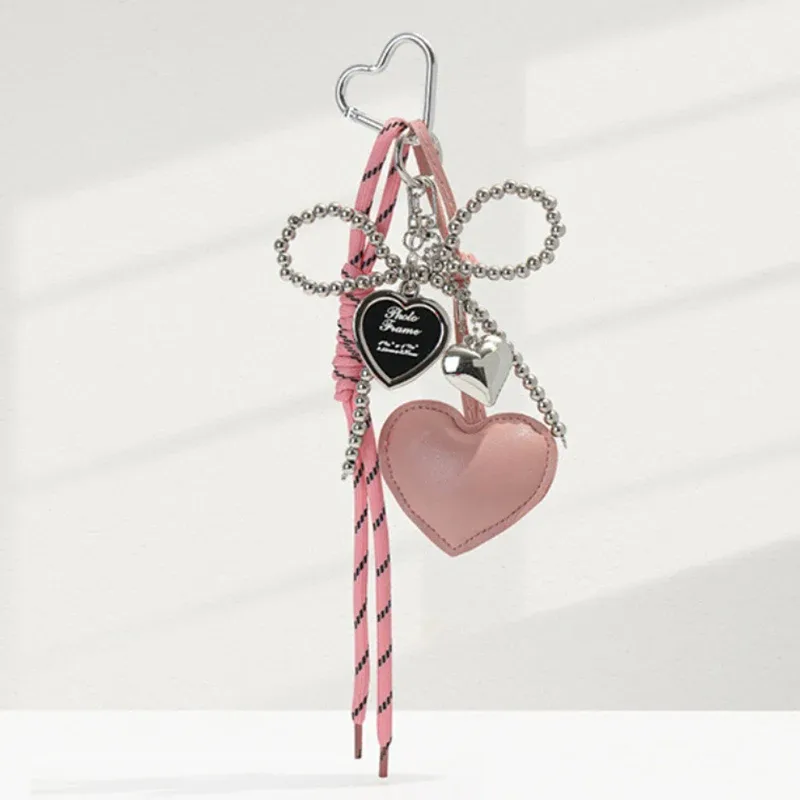 porte-clés en cuir brillant avec nœud en perles, breloque pour sac à dos coréen y2k, pendentif en forme de cœur d'amour, décoration de sac à main, cadeau