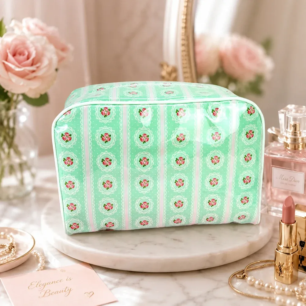 sac de rangement floral printemps-été, trousse de toilette portable mignonne pour femme, sac cosmétique imprimé en pvc transparent et nylon, pochette de voyage pour articles de toilette